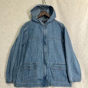Vintage Blassport Large Women Denim Chore Jacket Hooded Pockets Zip Up Hook Loop